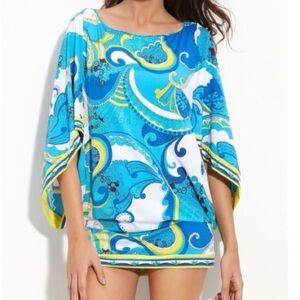 TRINA TURK French Riviera Blue Yellow Waves Paisley Swim Coverup Tunic Dress Sm